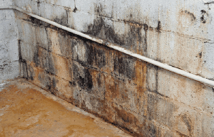 toxic black mold on a concreat basement wall