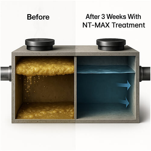 Split-screen commercial grease interceptor before and after three weeks of NT-MAX drain and grease treatment