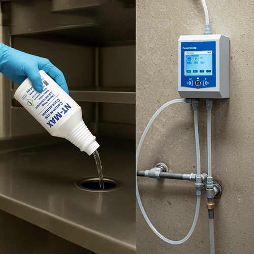 NT-MAX drain and grease treatment applied by manual pour or automatic dosing pump