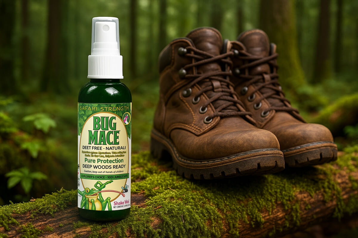 BugMace DEET-free natural mosquito repellent bottle on a moss-covered log beside hiking boots