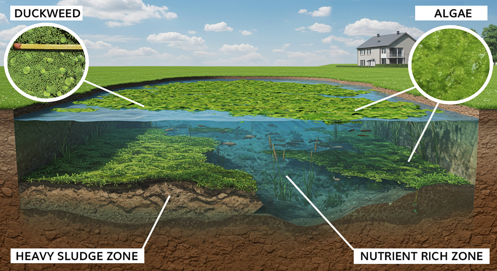 Round Pond Cross-Section with Algae Mats, Aquatic Weeds, and Modern Home