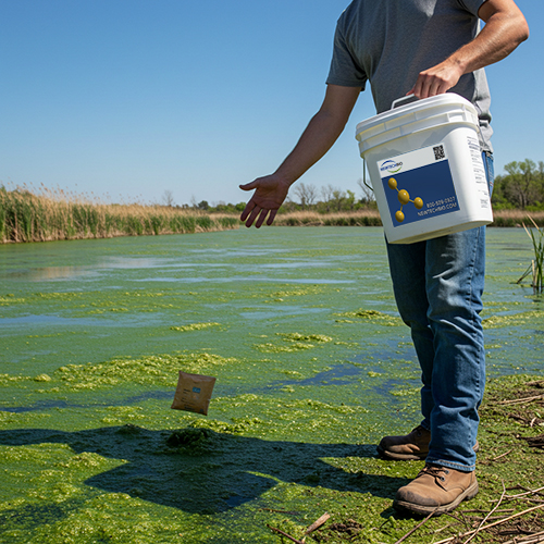 Technician tossing NT-MAX biodegradable packet into algae-covered pond while carrying NewTechBio square pail on sunny day