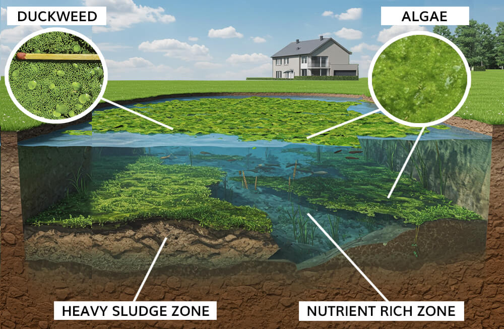 Round Pond Cross-Section with Algae Mats, Aquatic Weeds, and Modern Home