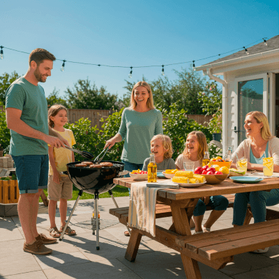 Family grilling on a sunny patio with BugMace DEET-free mosquito repellent