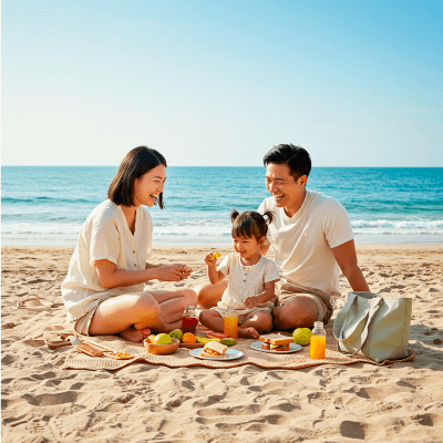 Family at a beach picnic with BugMace DEET-free mosquito repellent