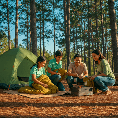 Family at a pine-woods campsite with BugMace mosquito repellent