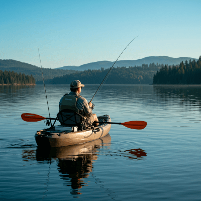 Kayak angler on a mountain lake with BugMace DEET-free mosquito repellent