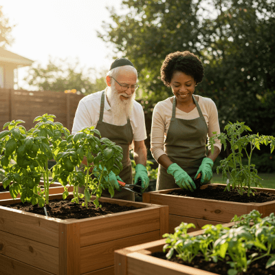 Couple gardening in the yard with BugMace mosquito repellent