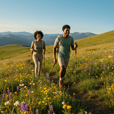 Couple hiking a hillside meadow with BugMace mosquito protection