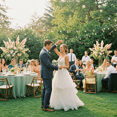 Couple dancing at a garden wedding with BugMace DEET-free mosquito repellent