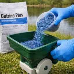 Blue Cutrine Plus granules poured from a clear cup into a green Ironvale hand spreader beside a pond