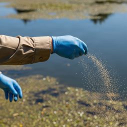 Blue nitrile-gloved hand side-slinging granular aquatic herbicide/algaecide along weeded pond shoreline; tan cuff.