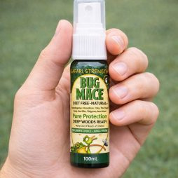 BugMace mosquito repellent bottle held in hand to show size