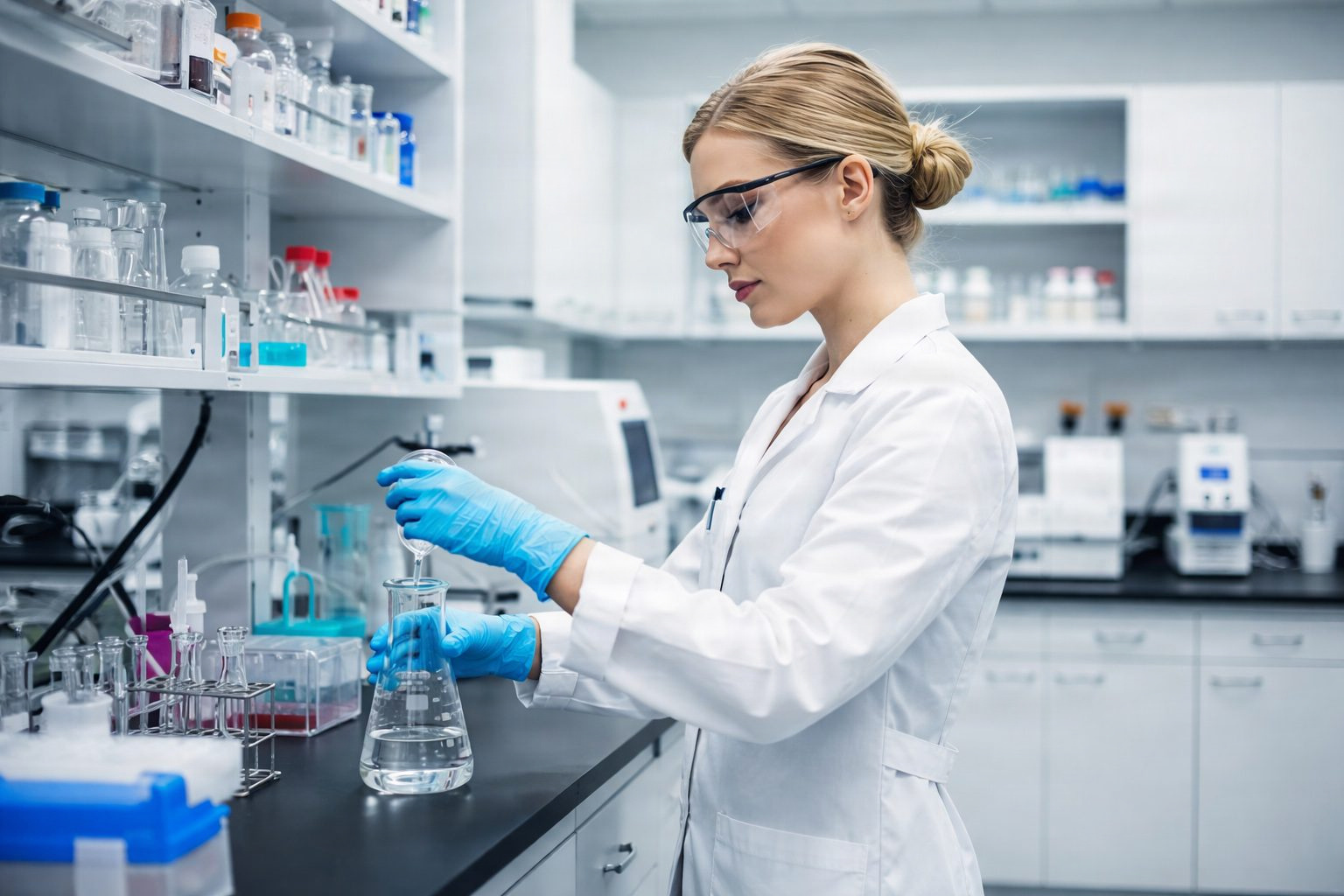Newtechbio microbiologist in laboratory coat and gloves transferring liquid between laboratory flasks on a research bench