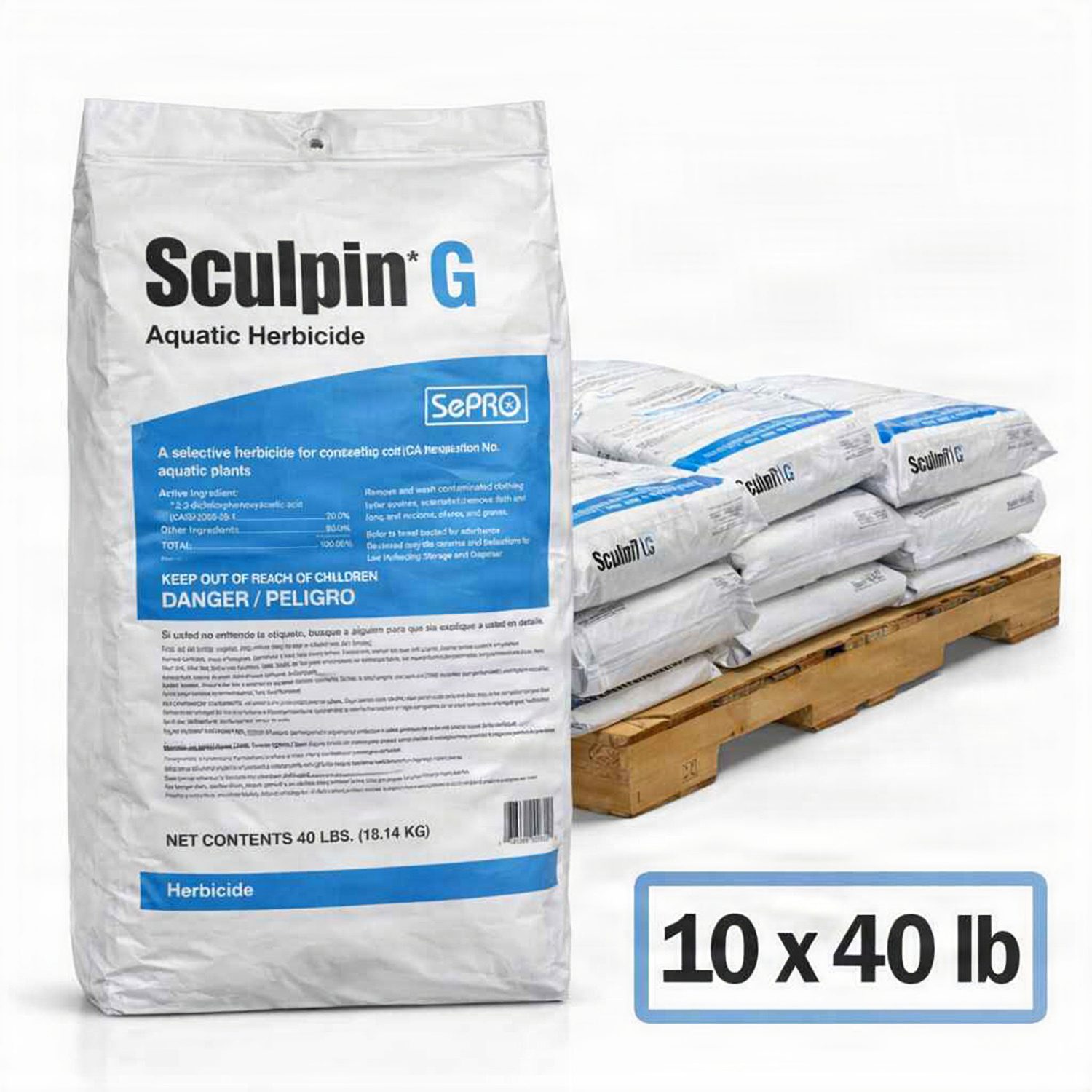 Front of SePRO Sculpin G aquatic herbicide 40 lb bag for broadleaf aquatic weed control. 10 x 40 lb bags.