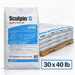 Front of SePRO Sculpin G aquatic herbicide 40 lb bag for broadleaf aquatic weed control. 30 x 40 lb bags
