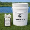 Alligare 2,4 D 32 oz beside a 5-gallon bucket and graduated measuring cup for size reference