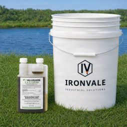 Alligare 2,4 D 32 oz beside a 5-gallon bucket and graduated measuring cup for size reference
