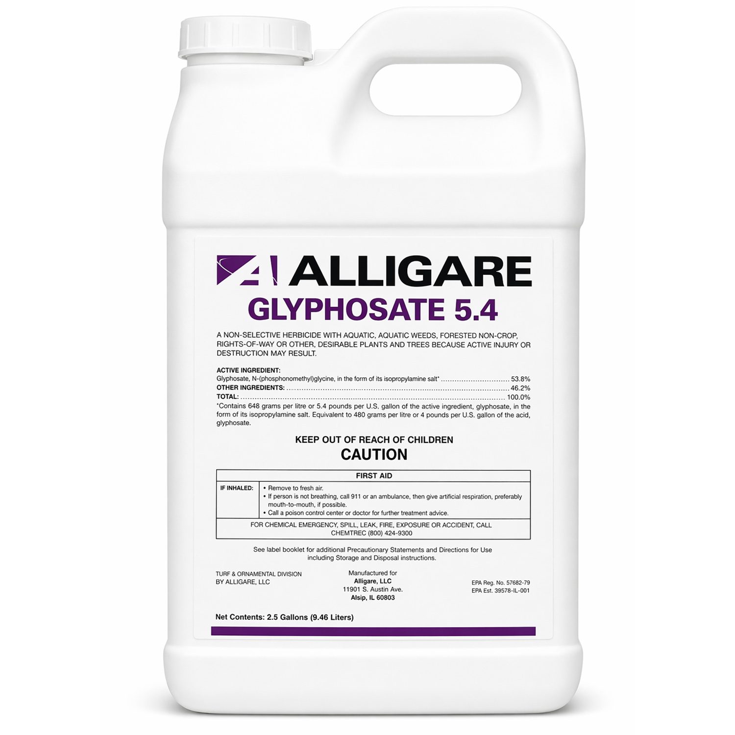Front view of Alligare Aquatic Herbicide 2 and Half Gallon.