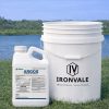 Alligare Argos Algaecide and Herbicide 1 gallon beside a 5-gallon bucket and graduated measuring cup for size reference