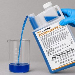 Alligare Ecomazapyr 2 SL 32 oz being poured into a graduated beaker for precise measurement before application.