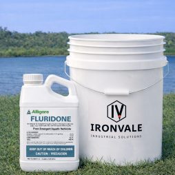 Alligare Fluridone half gallon next to 5 gallon Ironvale container to visualize size of package.