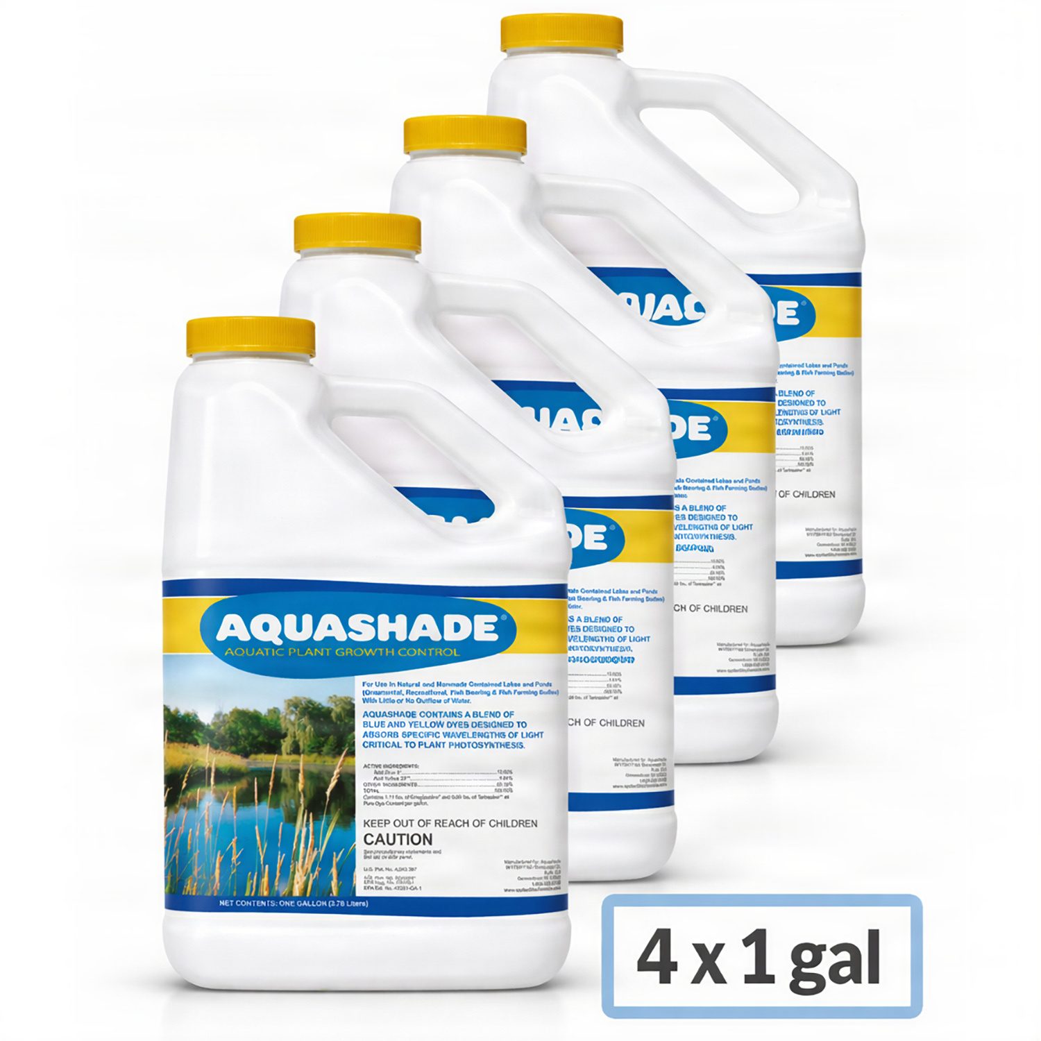 Four 1-gallon bottles of Aquashade aquatic dye