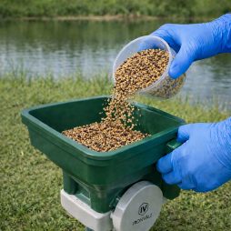 Tan colored granules pouring into a hand spreader illustrating proper handling.