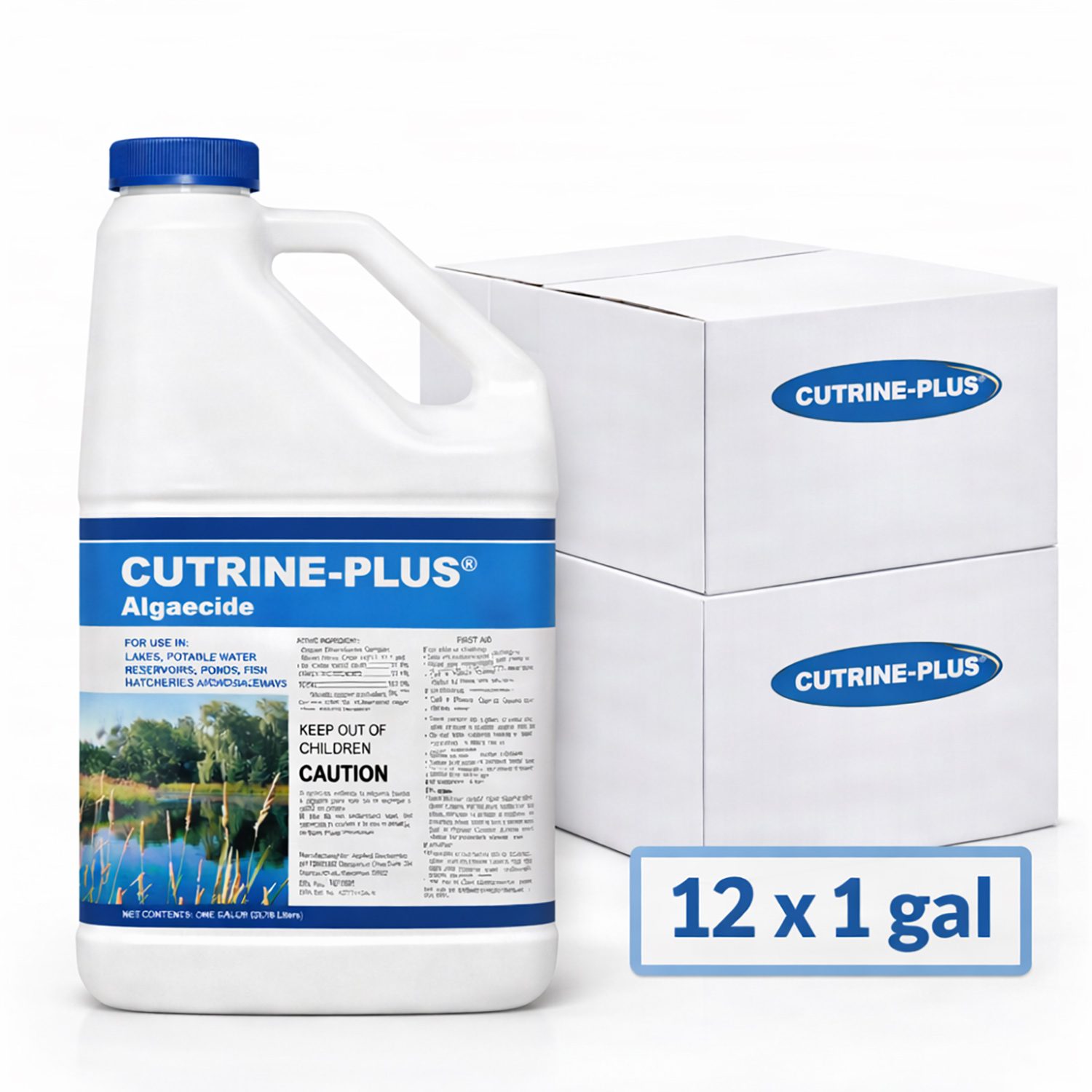 Cutrine Plus 12-pack with a 1-gallon bottle and case boxes shown on a white background.