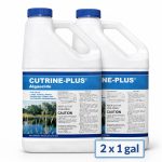 Two 1-gallon Cutrine Plus liquid algaecide bottles shown in a 2-pack product image.