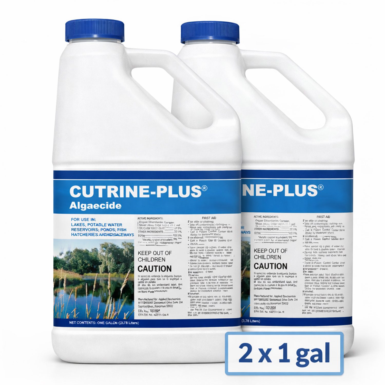 Two 1-gallon Cutrine Plus liquid algaecide bottles shown in a 2-pack product image.