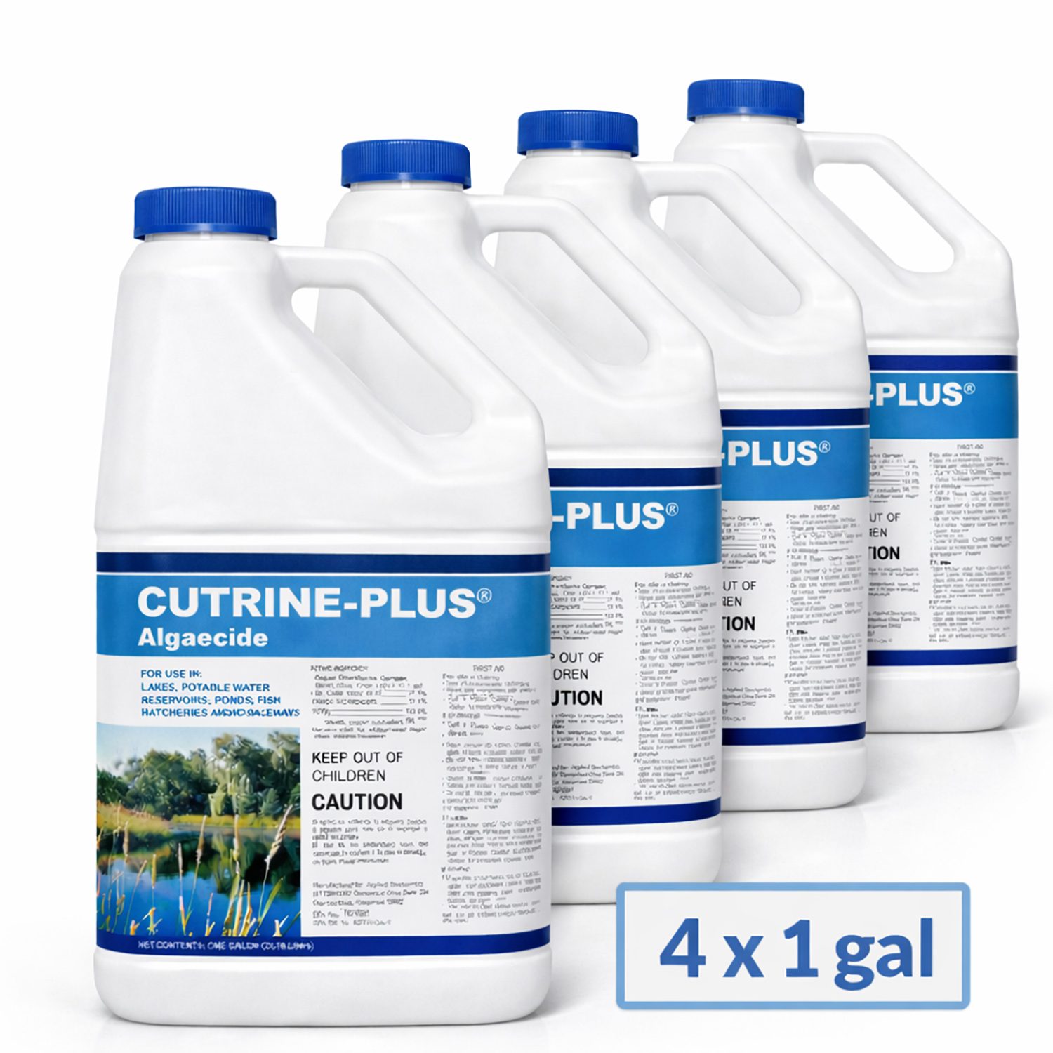 Four 1-gallon Cutrine Plus liquid algaecide bottles shown in a 4-pack product image.