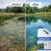 Before-and-after pond comparison showing shoreline algae reduction after Cutrine Plus treatment with product bottle.