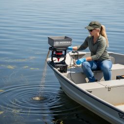 Female applicator applying brown colored granules to lake water via boat mounted spreader.