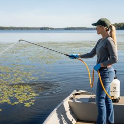 Professional female applicator applies liquid aquatic treatment to lake water with boat mounted Ironvale sprayer.