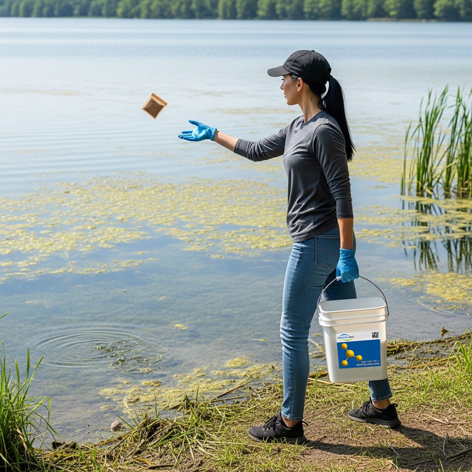 Female professional applicator wearing long sleeves and gloves tosses NT-MAX Clarifier + Sludge and Muck Digester on to pond along shoreline.