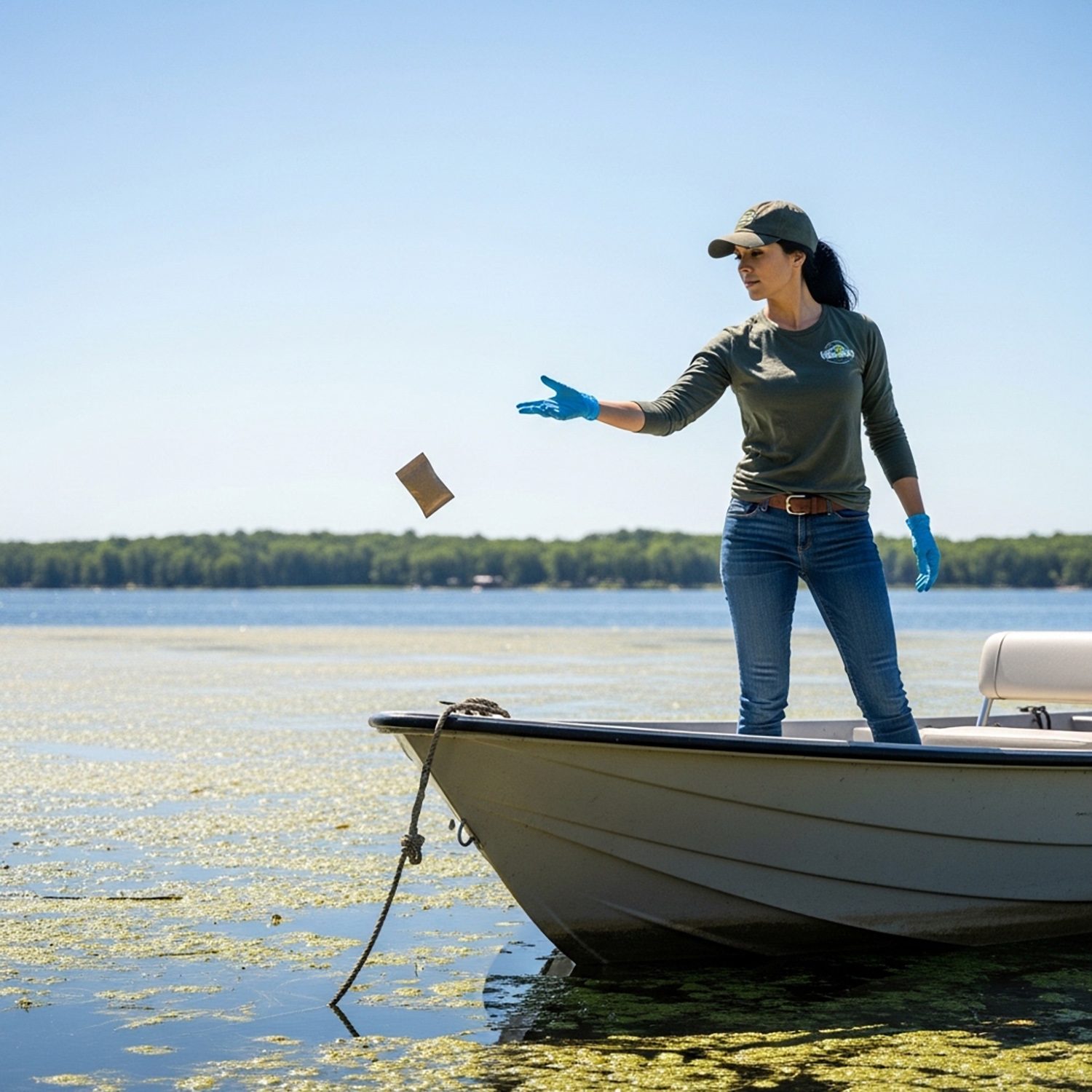 Technician applying NT-MAX lake and pond clarifier packet into a lake