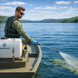 Technician applying aquatic treatments to a lake with a 55 gallon boat mount Ironvale sprayer.