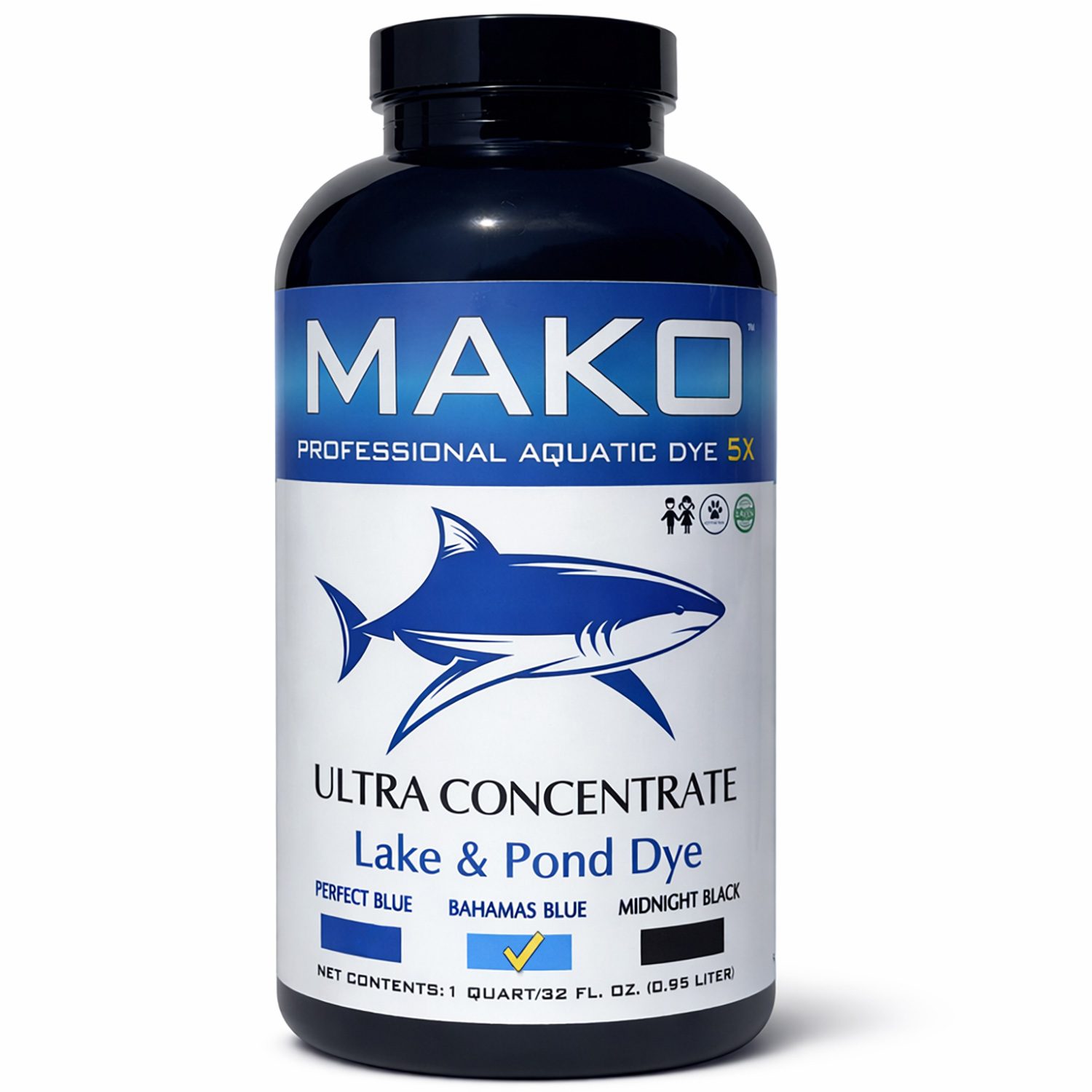 Single MAKO Lake and Pond Dye quart jar on a white background.