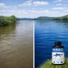 Left and tight split screen image showing the water color changes after applying MAKO Perfect Blue aquatic dye.