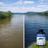Left and tight split screen image showing the water color changes after applying MAKO Midnight Black aquatic dye.