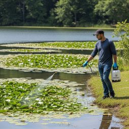 Male professional applicator wearing long sleeves and gloves spraying aquatic liquid into pond along shoreline with handheld Ironvale pump sprayer.
