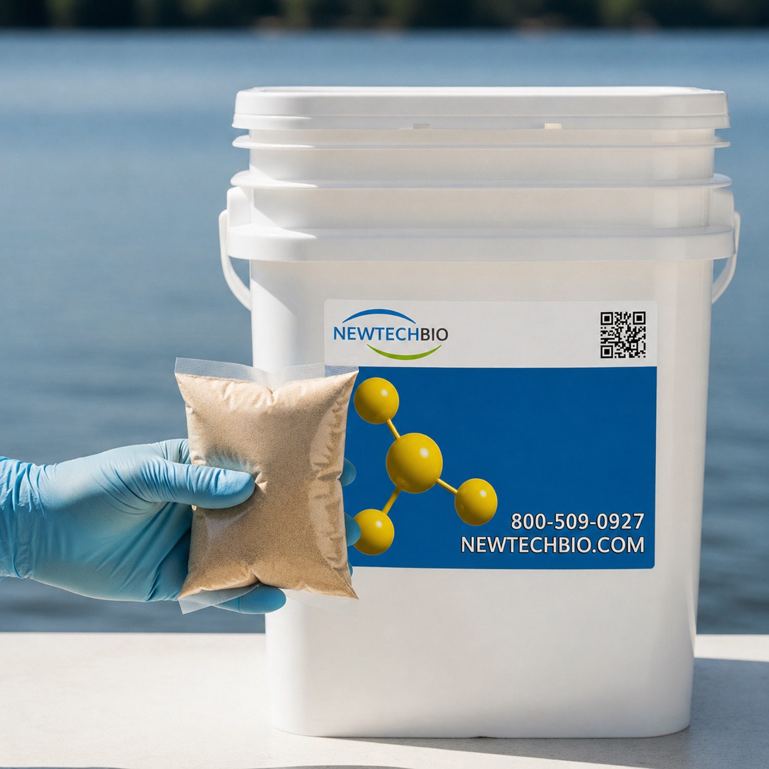 NT-MAX pail with biodegradable lake and pond treatment packets for size reference
