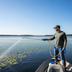 Professional male applicator applies liquid aquatic treatment to lake water with boat mounted Ironvale sprayer.