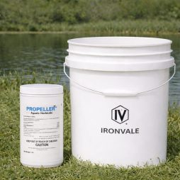 Propeller Aquatic Herbicide next to 5 gallon Ironvale container to visualize size of package.