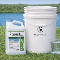 Reward Landscape and Aquatic Herbicide next to 5 gallon Ironvale container to visualize size of package.