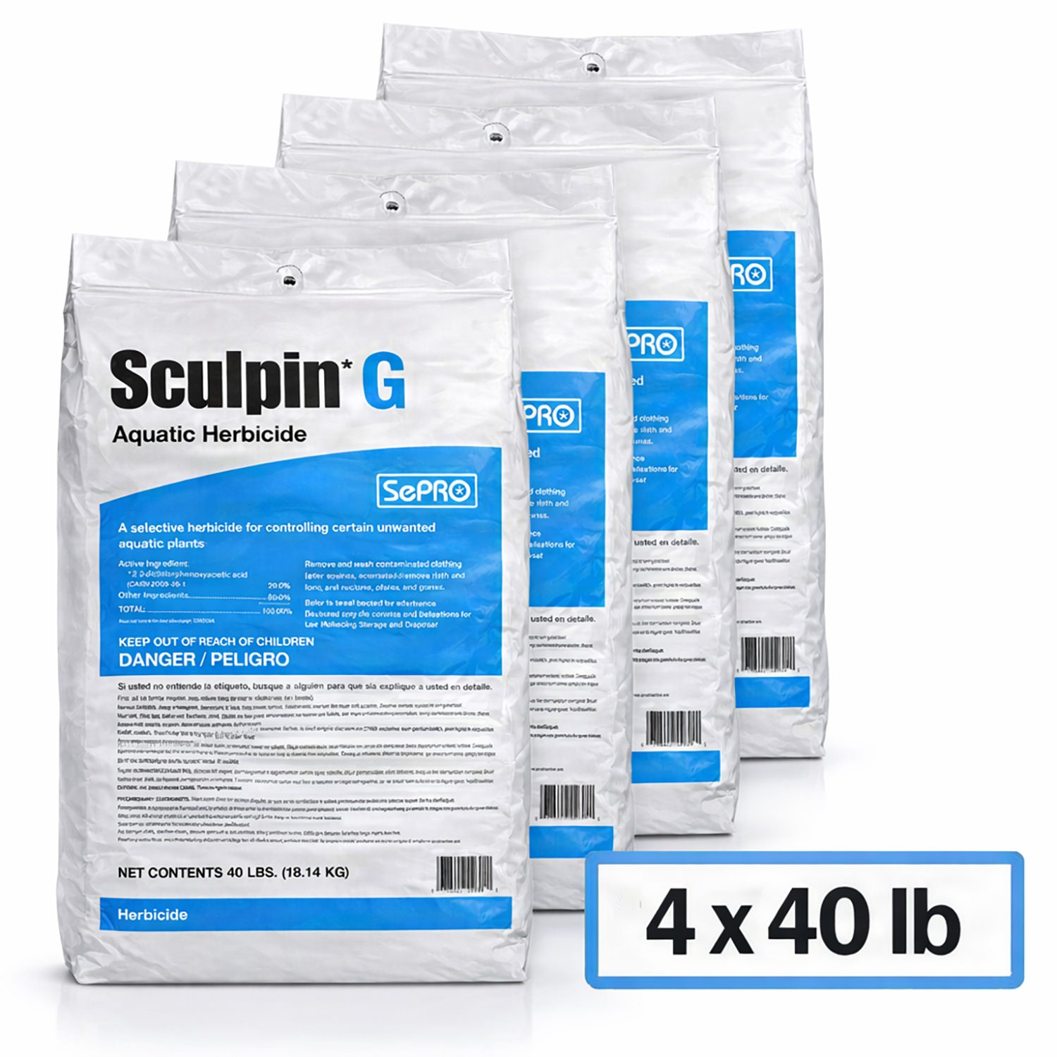 Front of SePRO Sculpin G aquatic herbicide 40 lb bag for broadleaf aquatic weed control. 4 x 40 lb bags