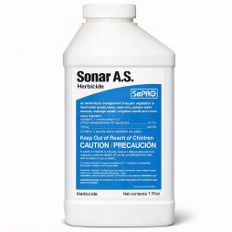 Front view of SePRO Sonar A.S. 16 oz pint aquatic herbicide bottle on a white background