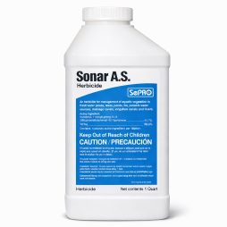 Front view of SePRO Sonar A.S. 32 oz quart aquatic herbicide bottle on a white background