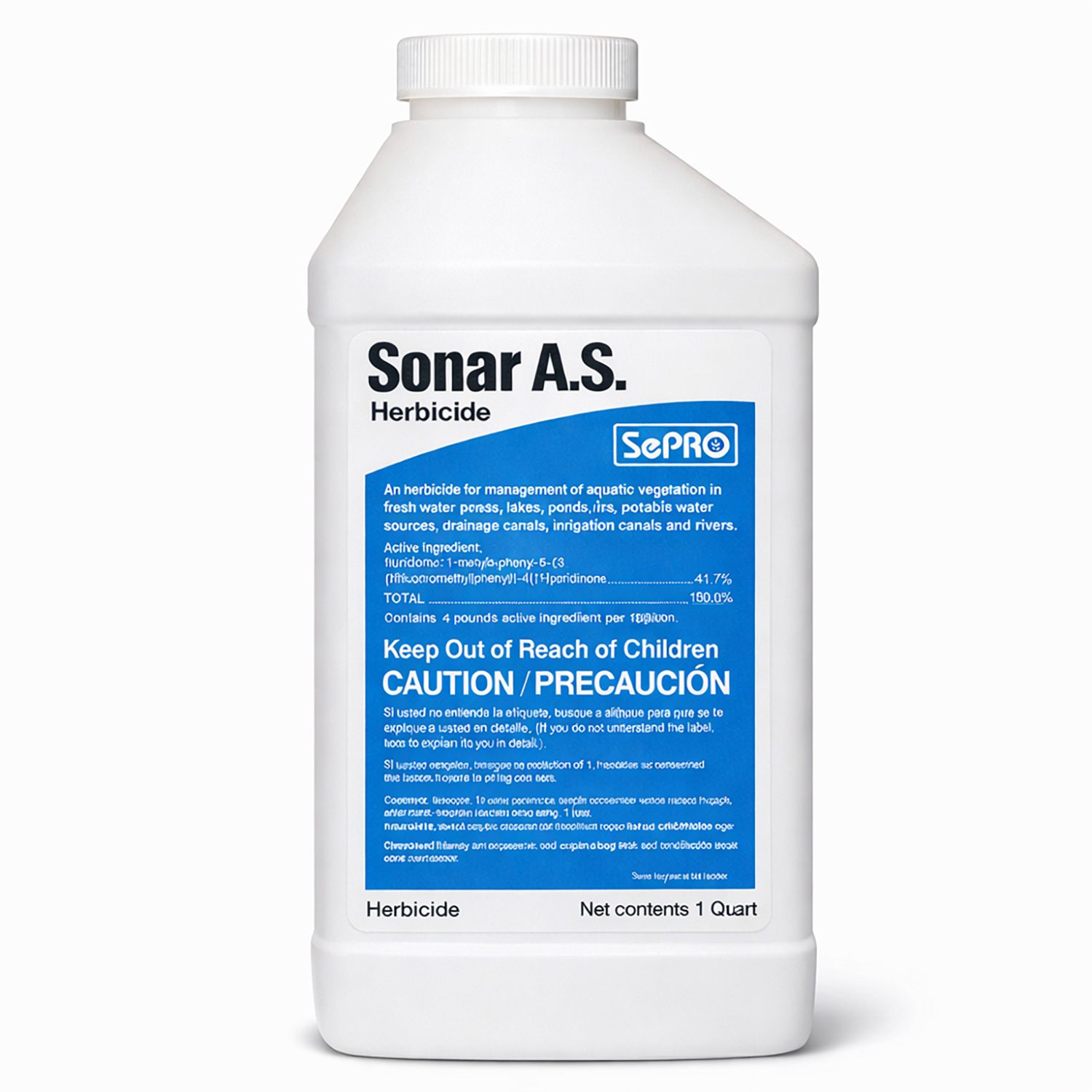 Front view of SePRO Sonar A.S. 32 oz quart aquatic herbicide bottle on a white background